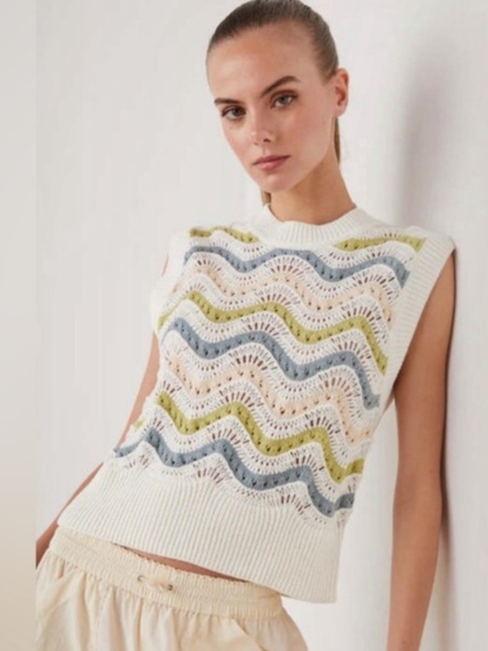 Rails Crochet Cream Sleeveless Knit Tank with Blue and Olive Wave Stripes